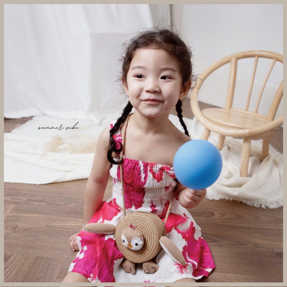 兒童草編包側背包小企鵝藤編包-藍綠色-細節圖4