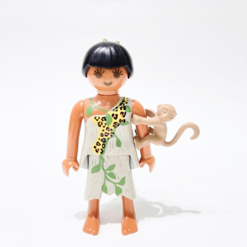 2012 Playmobil 人偶包2代 5158 石器時代的女人與猴子 豹紋 馬尾女孩 綠色花朵頭飾
