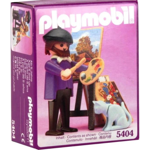 1990 Playmobil 摩比 5404 維多利亞時代 藝術家 畫家 黑色畫家帽 白色領結 畫架 畫作 貓咪
