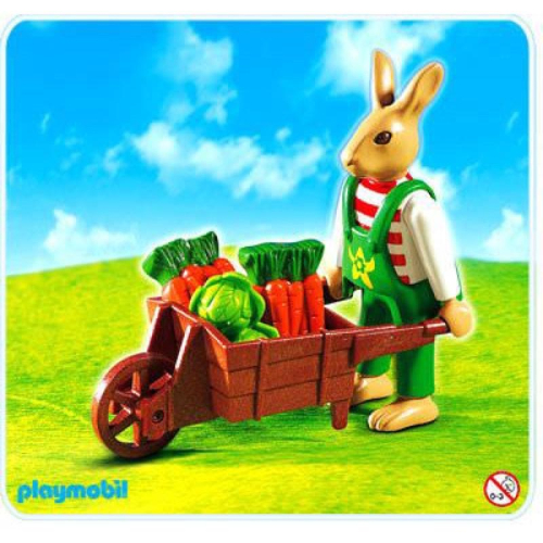 2004 Playmobil 摩比 4451 兔子與獨輪車 復活節 綠色吊帶褲 條紋衣 紅蘿蔔 高麗菜 兔爸爸