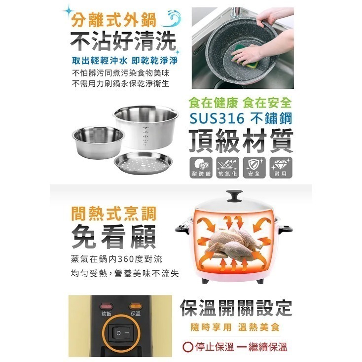 【CookPower 】鍋寶 萬用316分離式電鍋-11人份電鍋 煮飯鍋 電飯鍋 電飯ER-1151GR-1-細節圖5