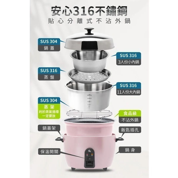 【CookPower 】鍋寶 萬用316分離式電鍋-11人份電鍋 煮飯鍋 電飯鍋 電飯ER-1151GR-1-細節圖7