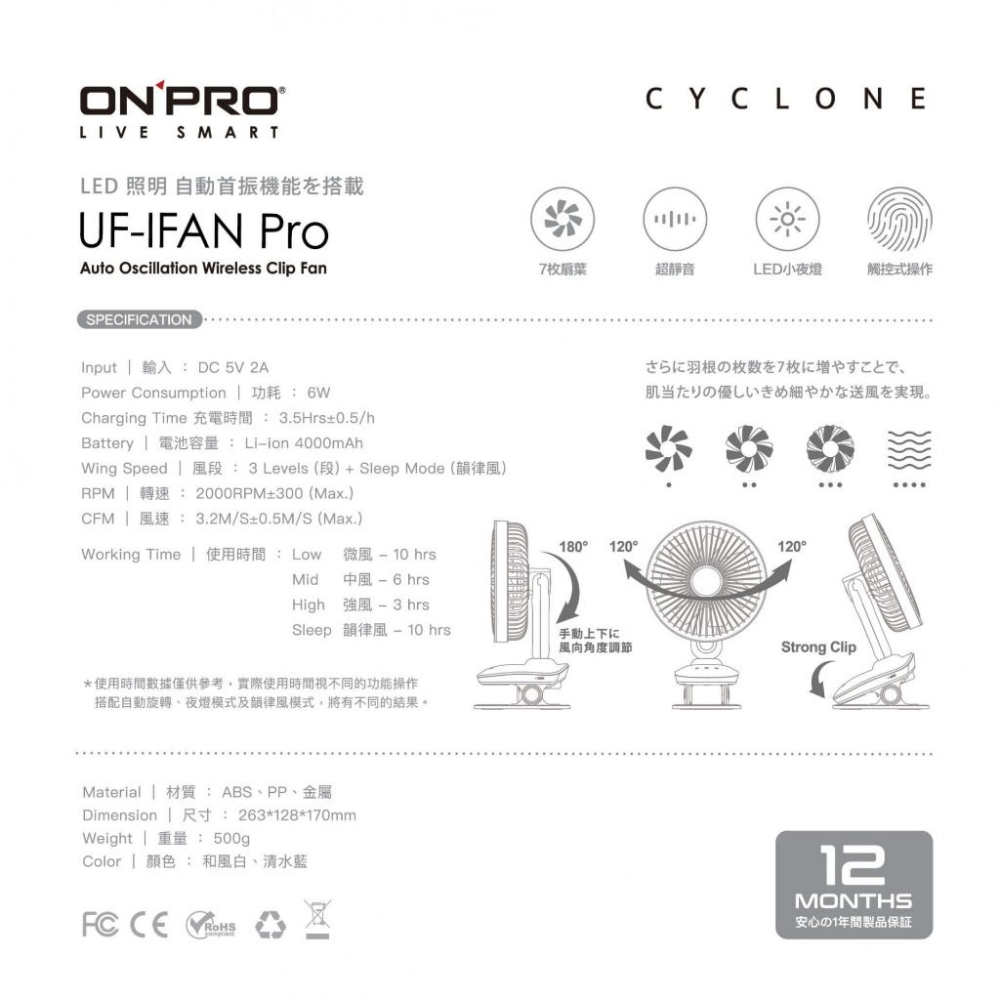 免運【ONPRO】UF-IFAN Pro 二代USB-C充電式無線小夜燈夾扇 涼風扇 推車風扇 夾式風扇-細節圖5