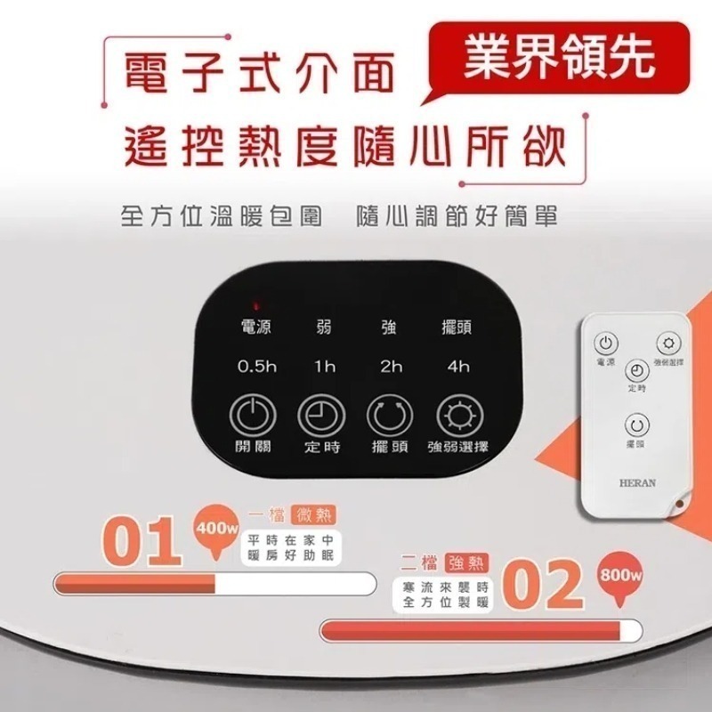 【HERAN 禾聯】14吋碳素定時電暖器 HHF-80CK020(R) 擺頭 瞬熱 定時 碳素電暖器 電暖器-細節圖3