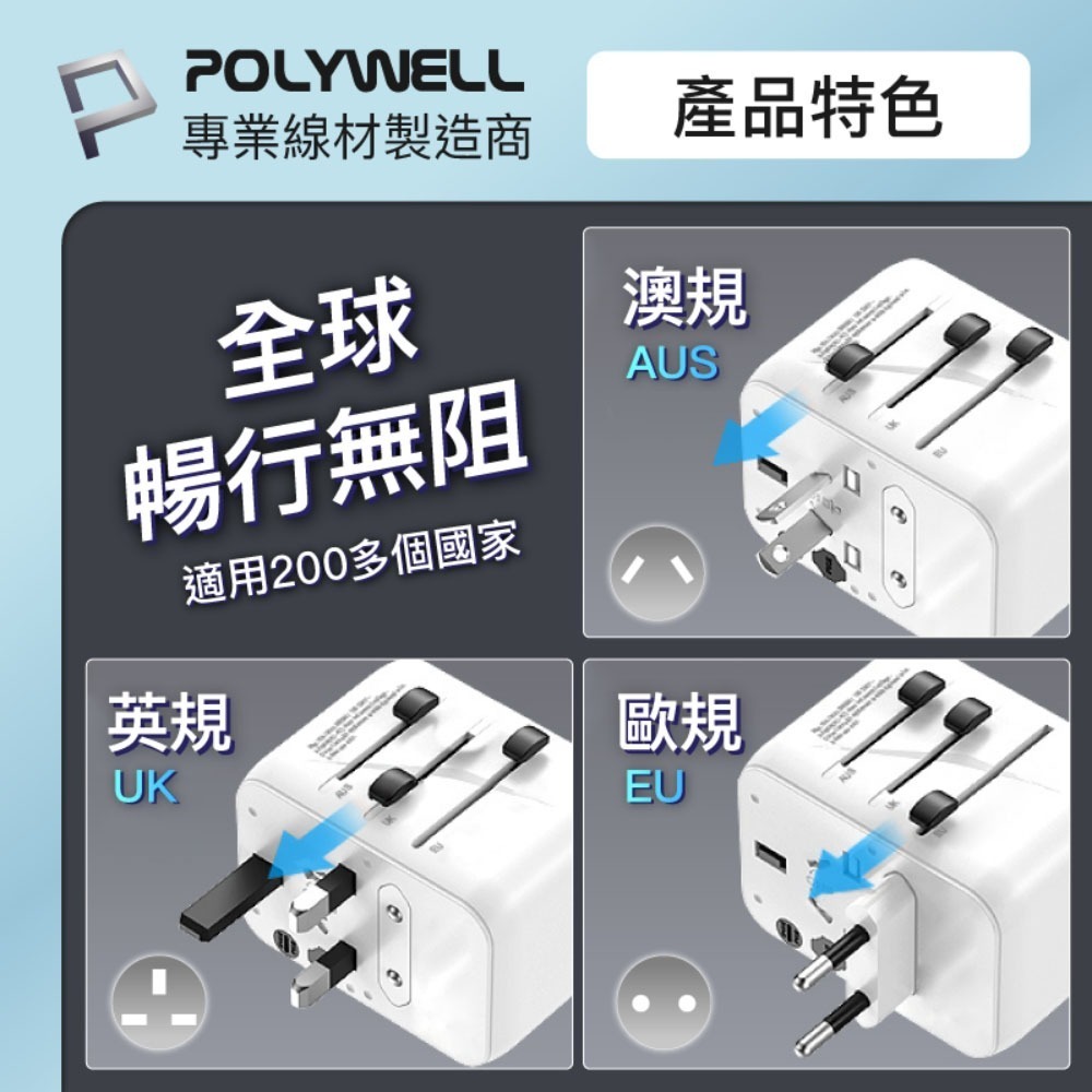 POLYWELL 多合一萬國轉接頭 旅行轉接插座 30W 三Type-C+雙USB-A BSMI免驗 寶利威爾-細節圖6