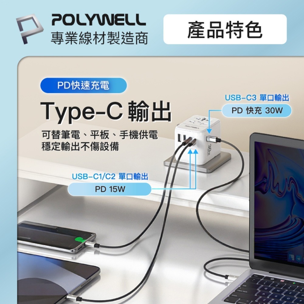 POLYWELL 多合一萬國轉接頭 旅行轉接插座 30W 三Type-C+雙USB-A BSMI免驗 寶利威爾-細節圖7