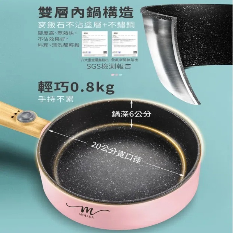 免運 MOLIJIA 魔力家 M18多功能美食料理不沾電火快煮烹飪鍋-木紋款-1.6L(BY011018)-細節圖4