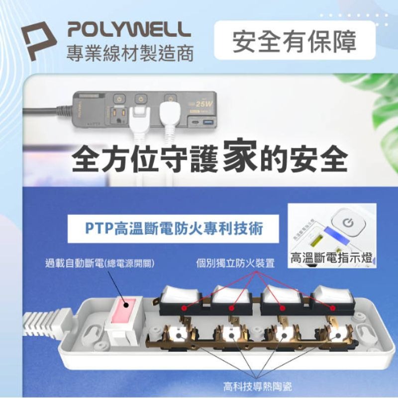POLYWELL寶利威爾⚡️25W快充電源延長線 4切3座 Type-C PD/QC雙協議 過載保護 自動斷電-細節圖10
