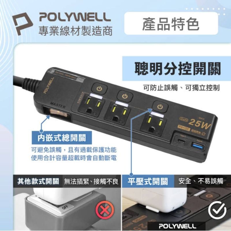POLYWELL寶利威爾⚡️25W快充電源延長線 4切3座 Type-C PD/QC雙協議 過載保護 自動斷電-細節圖7