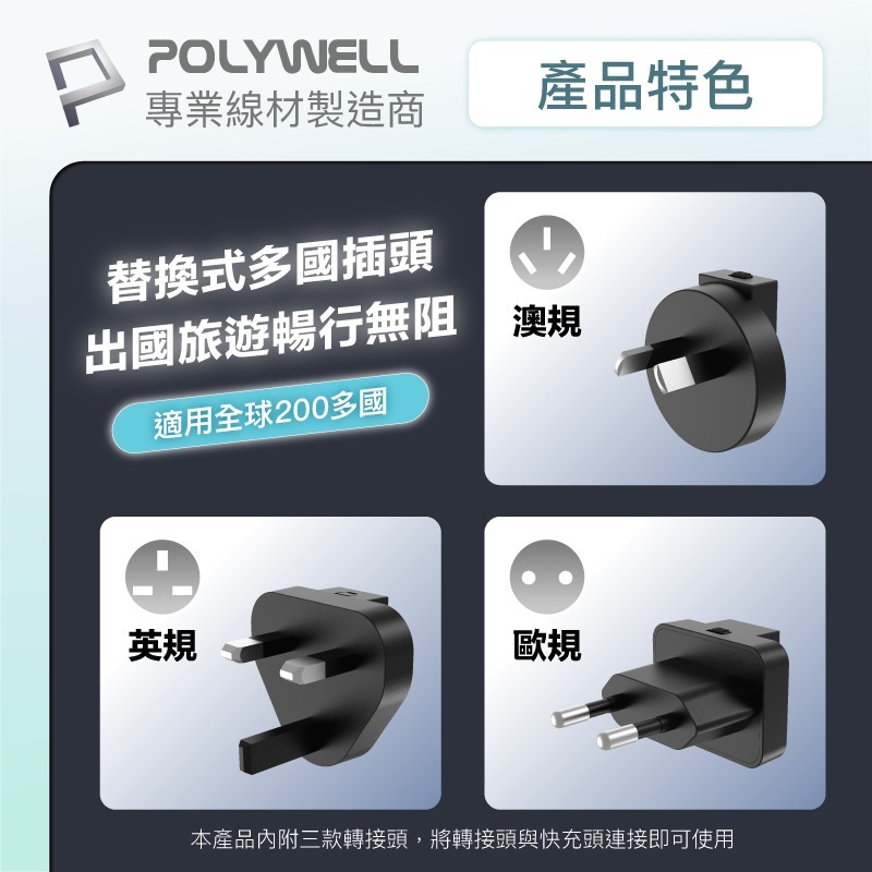 POLYWELL寶利威爾⚡️65W自帶線快充頭 USB-A+C雙孔 Type-C伸縮線 GaN氮化鎵 出國必備轉接頭-細節圖8