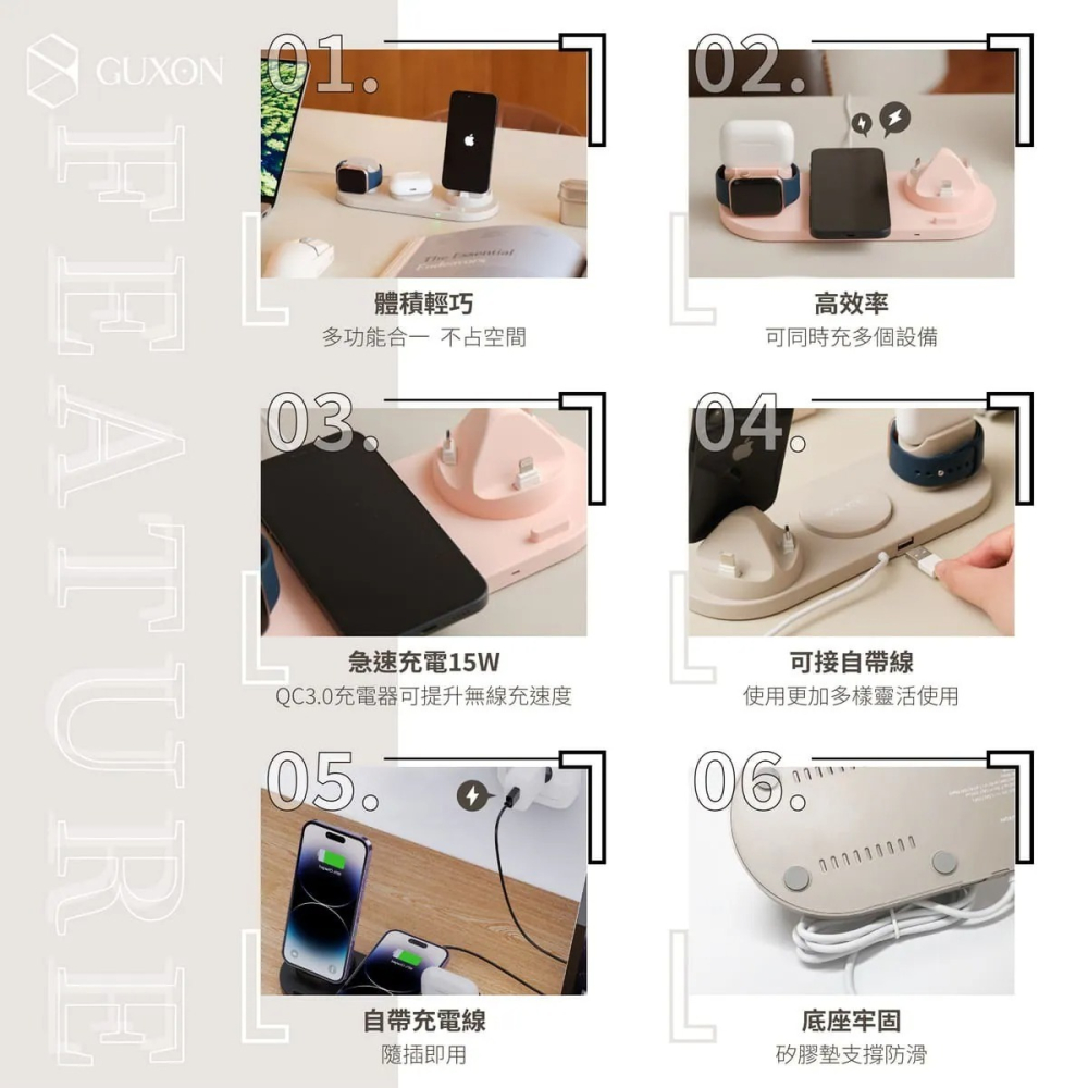 GUXON古尚⚡️六合一無線充電盤_GX07C 無線充電 可充手錶/耳機Airpods QC3.0快充 安卓蘋果通通可充-細節圖8