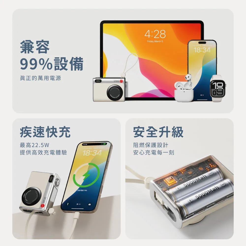 SOTHING 向物⚡小相機行動電源 10000mAh WH可上飛機 雙頭 行充 口袋行動電源 自帶快充線 充電-細節圖4