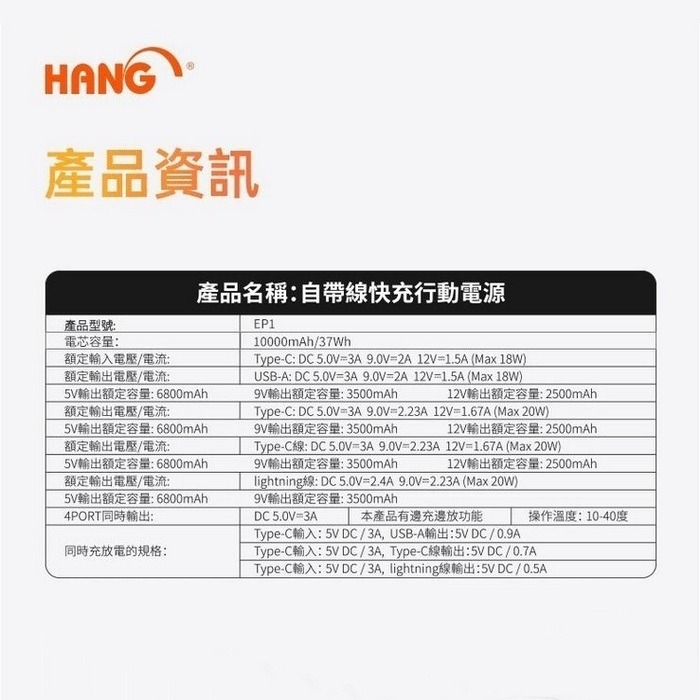 Wh認證 可上飛機 HANG⚡️固態行動電源 10000/20000mAh自帶線行動電源_ED1/ED3 PD+QC快充-細節圖9