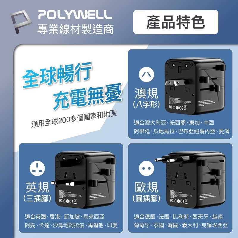 POLYWELL寶利威爾⚡️多國旅行充電轉接器 30W/45W 雙AC插座+3C+2USB快充 萬國旅行充 全球通用-細節圖9