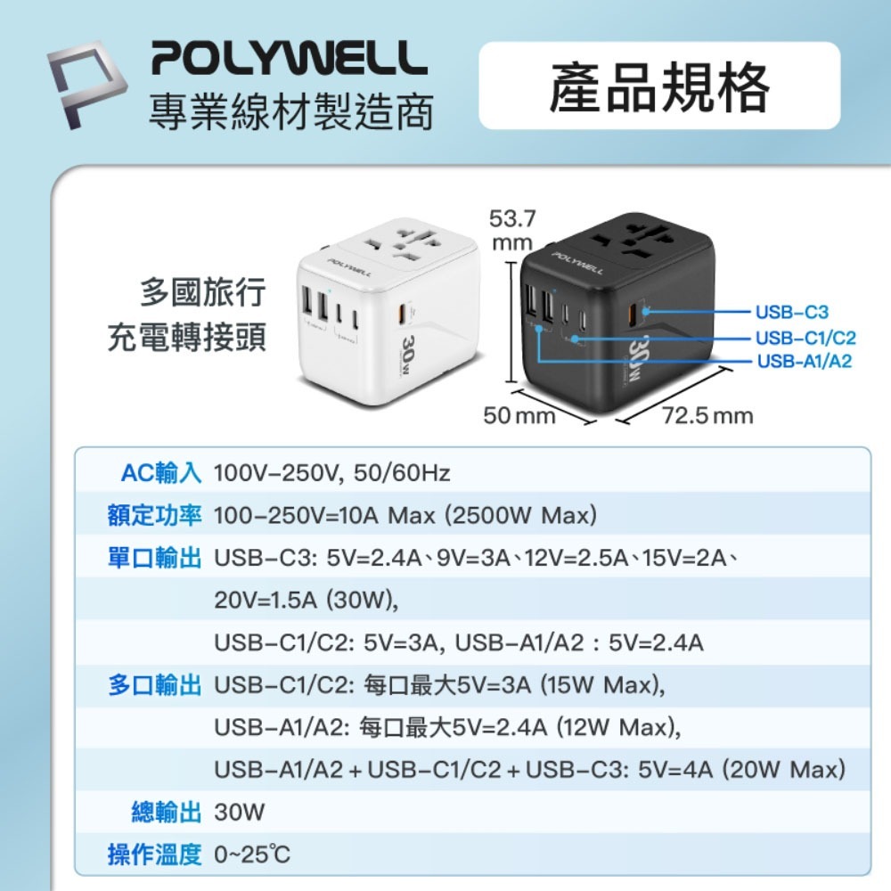 POLYWELL寶利威爾⚡️多國旅行充電轉接器 30W/45W 雙AC插座+3C+2USB快充 萬國旅行充 全球通用-細節圖10