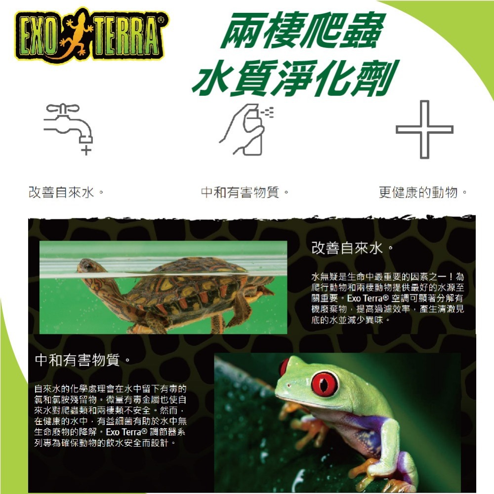 赫根ExoTerra爬蟲專用【兩棲爬蟲專用水質淨化劑】水族適用 去除氯和氯胺 中和水質重金屬-細節圖2