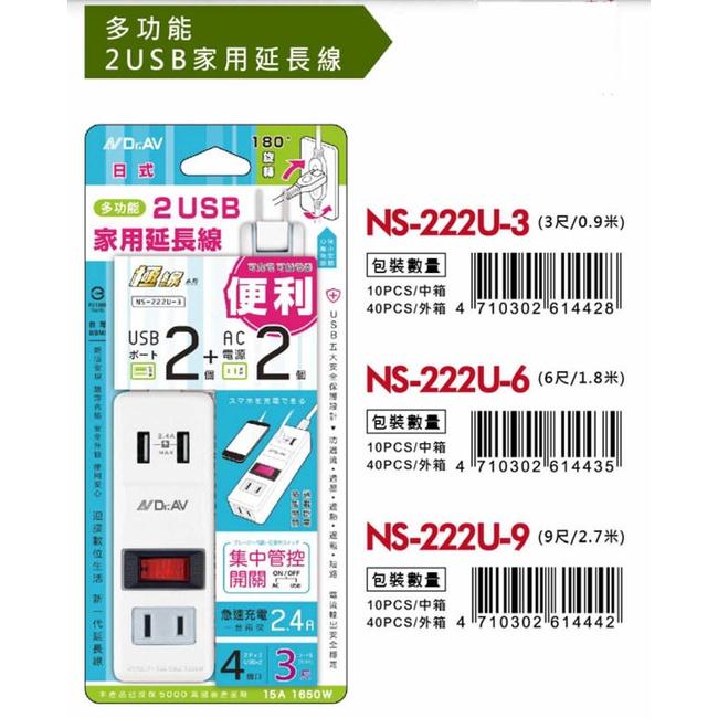 【職人の道具】KNS-222U 多功能2USB家用延長線(3/6/9尺)-細節圖2