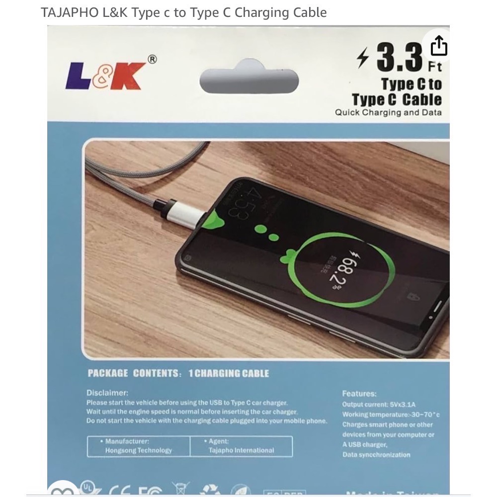 Tajapho L&K TypeC to TypeC 充電線-細節圖3