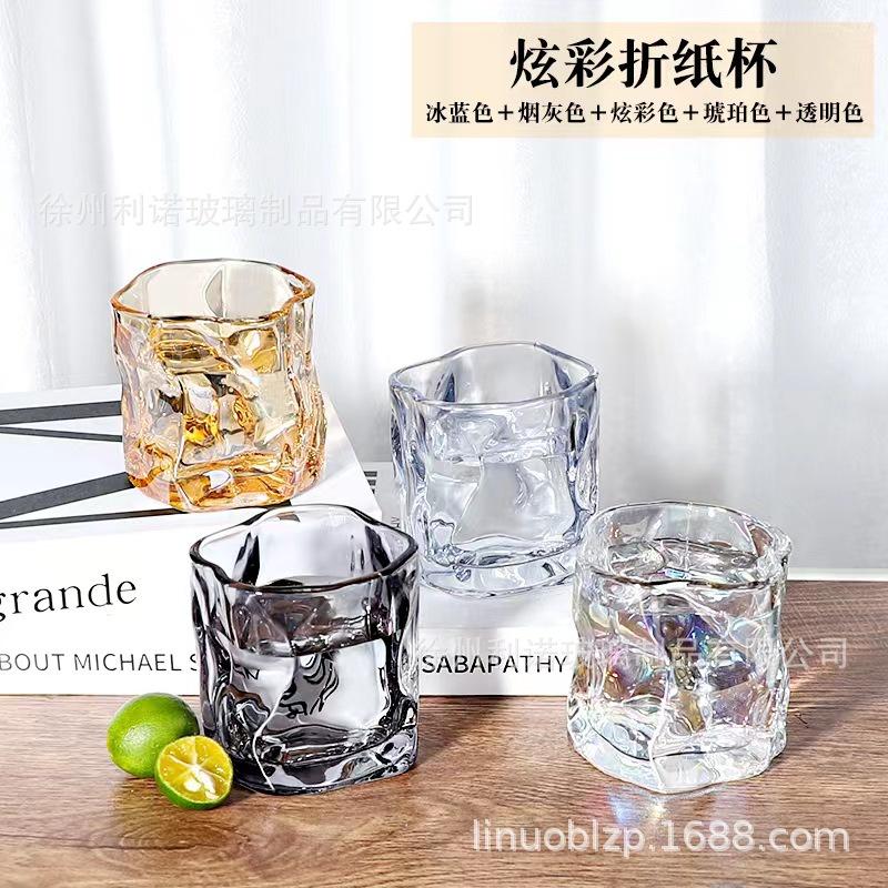 扭曲威士忌杯 Ins簡約 日式扭扭杯 方形玻璃水杯 扭曲威士忌杯 異行杯子玻璃杯咖啡杯炫彩彩虹不規則玻璃杯-細節圖5