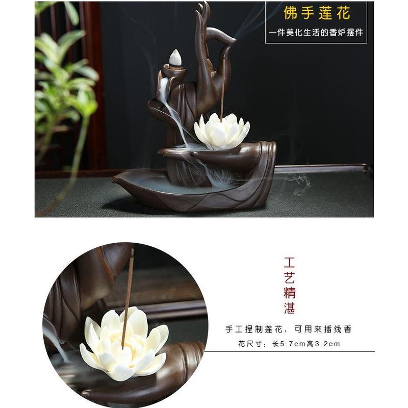 佛手蓮花 紫砂倒流香爐 禪意佛手檀香爐 家用室內 仿古香薰爐 大號 倒流香 插香 兩用-細節圖3