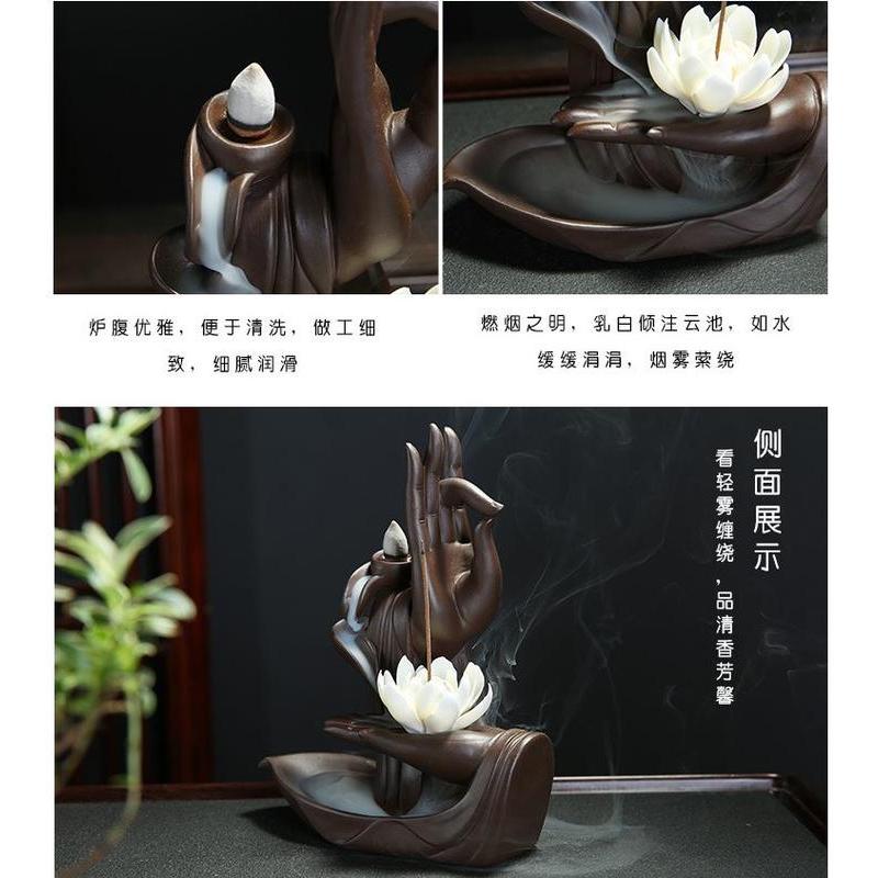 佛手蓮花 紫砂倒流香爐 禪意佛手檀香爐 家用室內 仿古香薰爐 大號 倒流香 插香 兩用-細節圖5