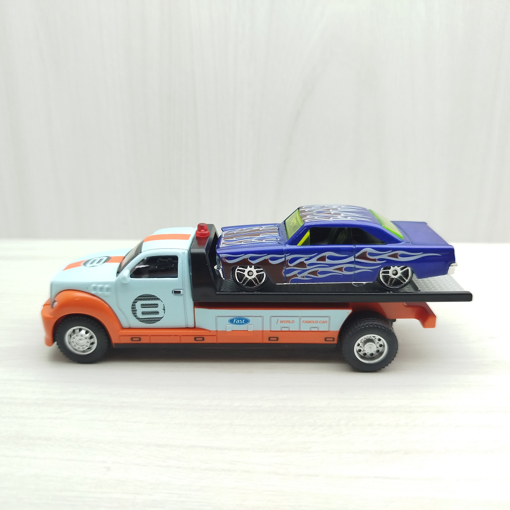 全新盒裝現貨~1:64~平板拖車 藍色 合金 模型車 迴力車-細節圖2