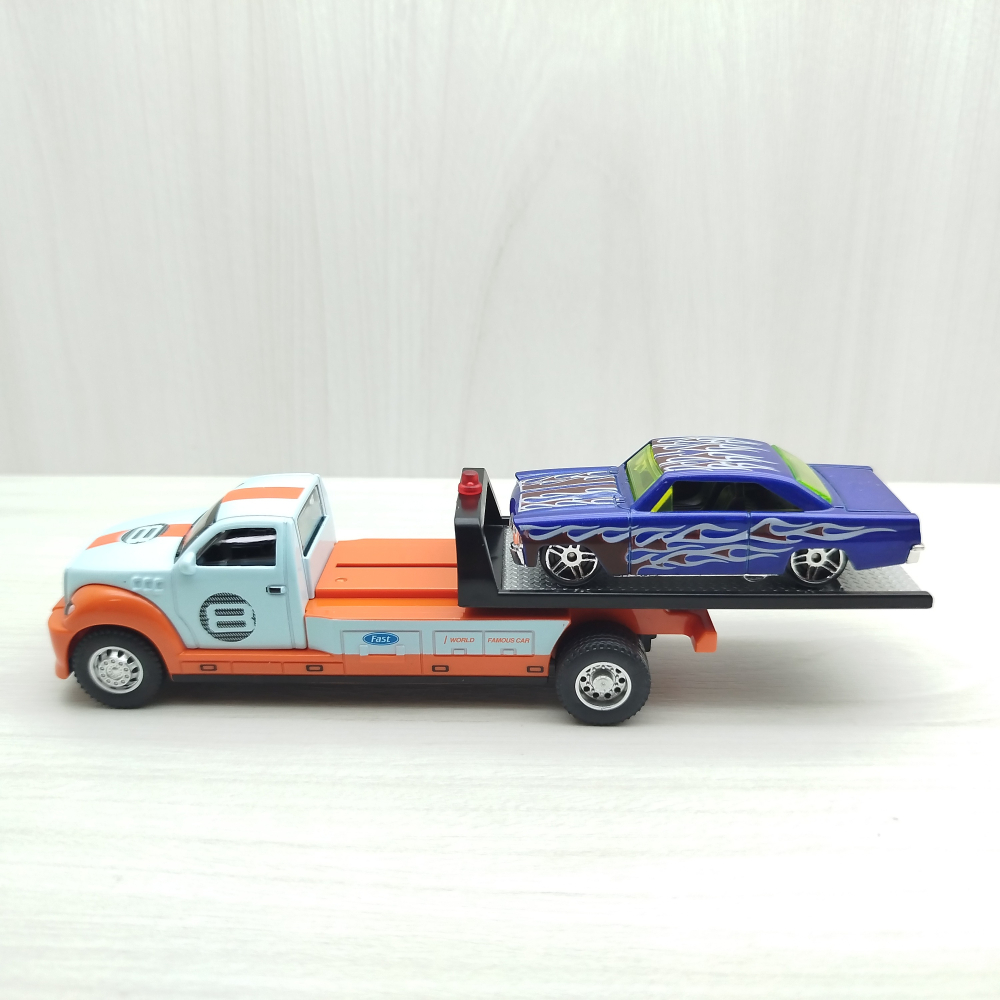 全新盒裝現貨~1:64~平板拖車 藍色 合金 模型車 迴力車-細節圖3