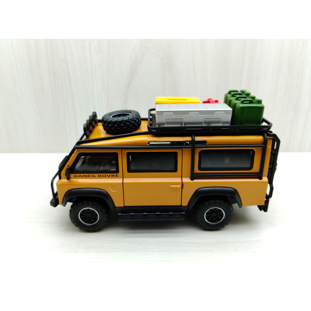 全新盒裝現貨~1:32~路虎衛士 LAND ROVER 越野箱型車 沙漠黃 前輪轉向 車燈恆亮開關 合金模型車-細節圖3