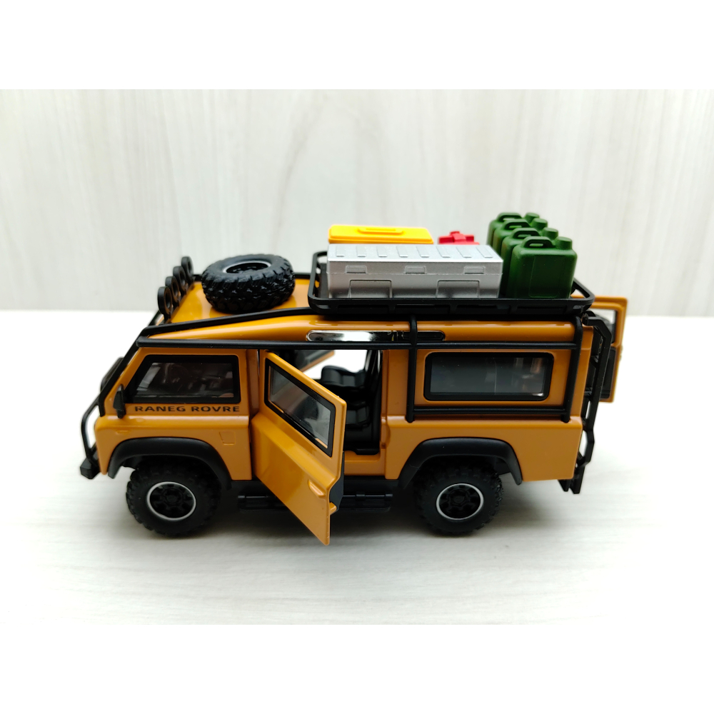 全新盒裝現貨~1:32~路虎衛士 LAND ROVER 越野箱型車 沙漠黃 前輪轉向 車燈恆亮開關 合金模型車-細節圖4