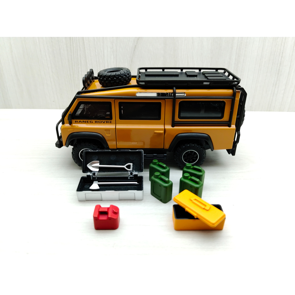 全新盒裝現貨~1:32~路虎衛士 LAND ROVER 越野箱型車 沙漠黃 前輪轉向 車燈恆亮開關 合金模型車-細節圖5