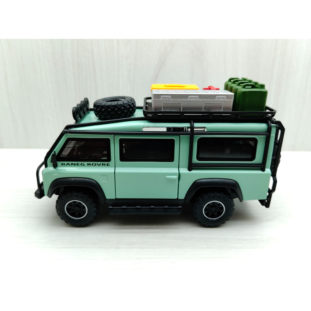 全新盒裝現貨~1:32~路虎衛士 LAND ROVER 越野箱型車 碧綠色 前輪轉向 車燈恆亮開關 合金模型車-細節圖3