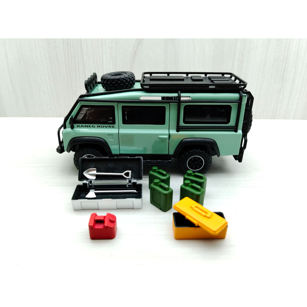 全新盒裝現貨~1:32~路虎衛士 LAND ROVER 越野箱型車 碧綠色 前輪轉向 車燈恆亮開關 合金模型車-細節圖4