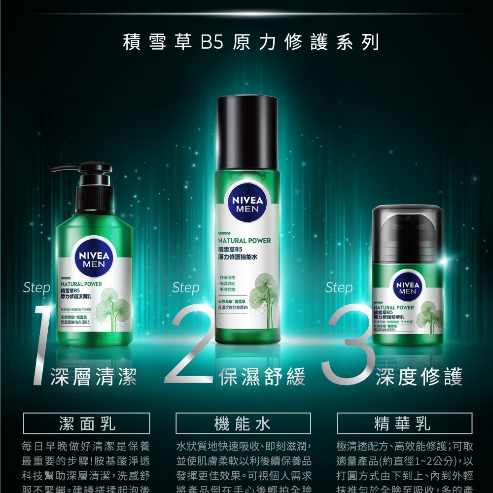 妮維雅男士原力修護B5積雪草系列 (洗面乳/ 精華乳/ 機能水)【妮維雅旗艦店】-細節圖2