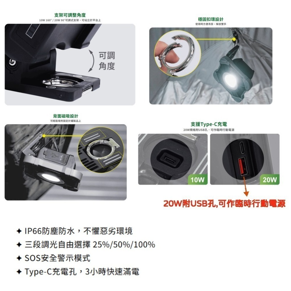 舞光 手持工作燈 露營燈 工作燈 LED 充電式 行動電源 IP66防水 TypeC 充電 10W 20W-細節圖2