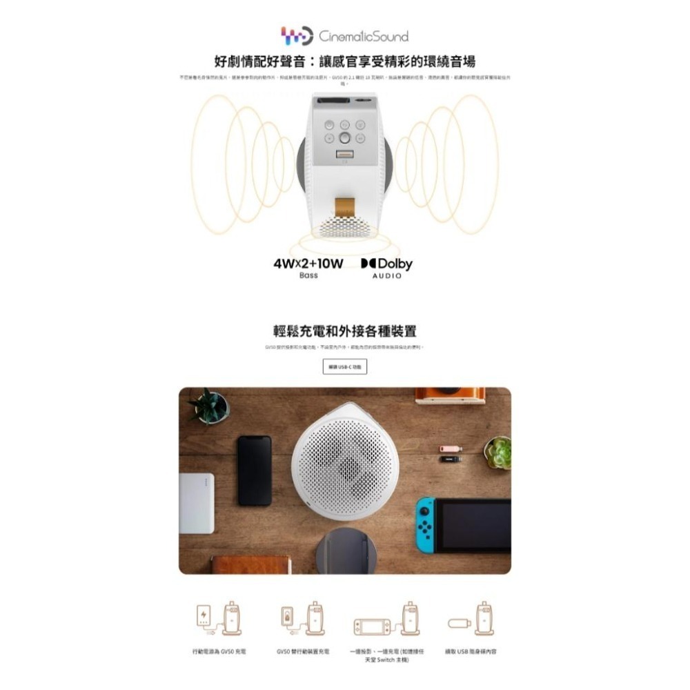 【現貨熱銷】BenQ 明碁 GV50 360度 雷射智慧微型投影機 1080p  Google TV 投影機 雷射投影機-細節圖4