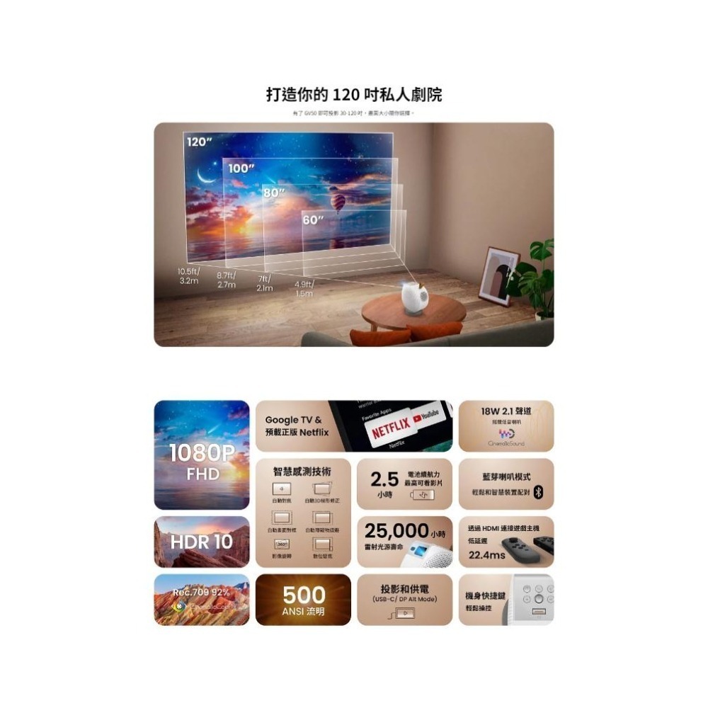 【現貨熱銷】BenQ 明碁 GV50 360度 雷射智慧微型投影機 1080p  Google TV 投影機 雷射投影機-細節圖5