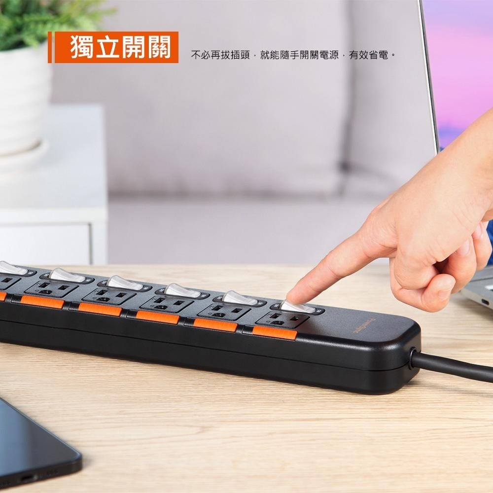 PowerSync 群加 6開6插滑蓋防塵防雷擊延長線 1.8m／2.7m／4.5m 六開六插 延長線 光華商場-細節圖6