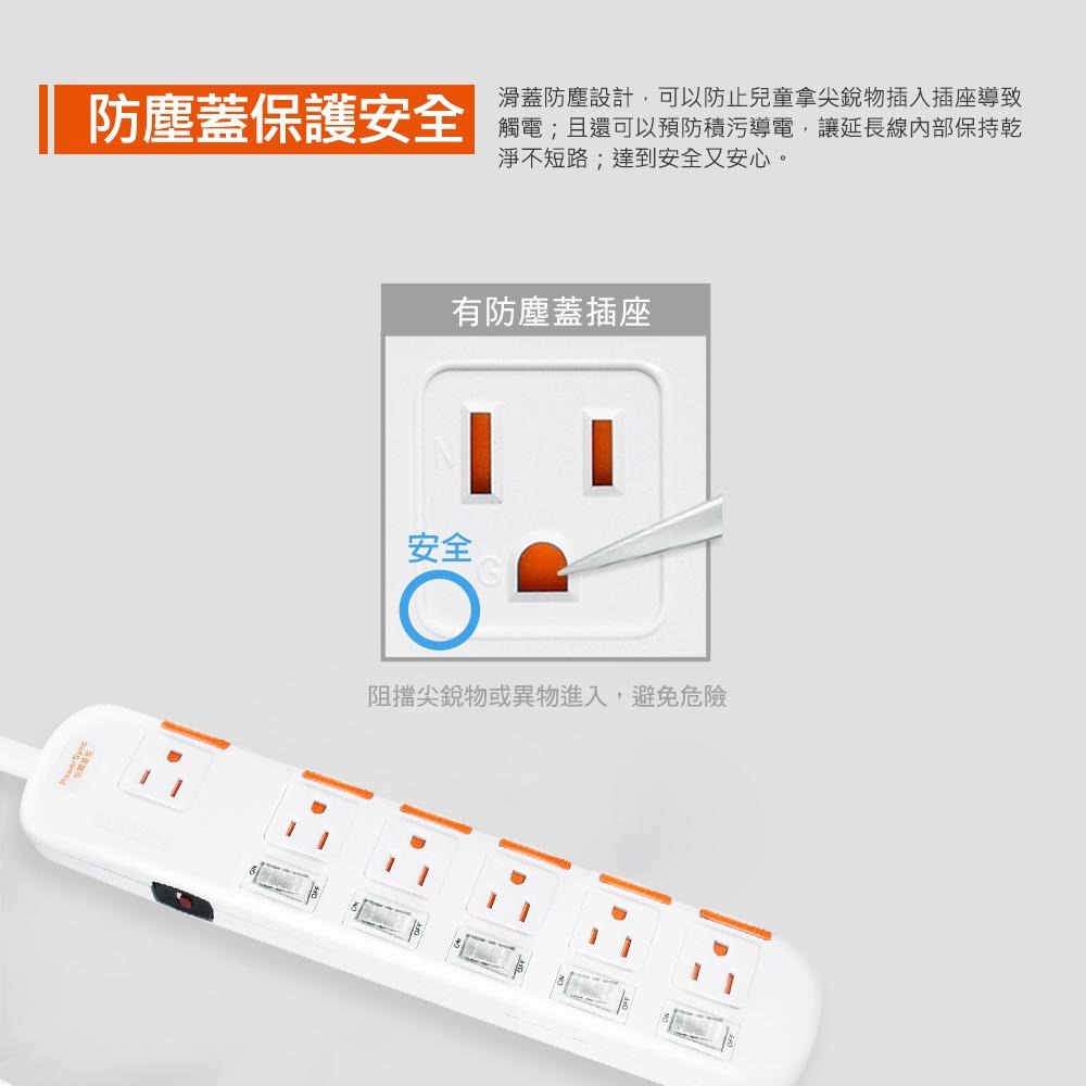 PowerSync 群加 TS6X 6開6插安全防塵防雷擊延長線 1.8m／2.7m／4.5m 台灣製造 延長線 光華-細節圖6