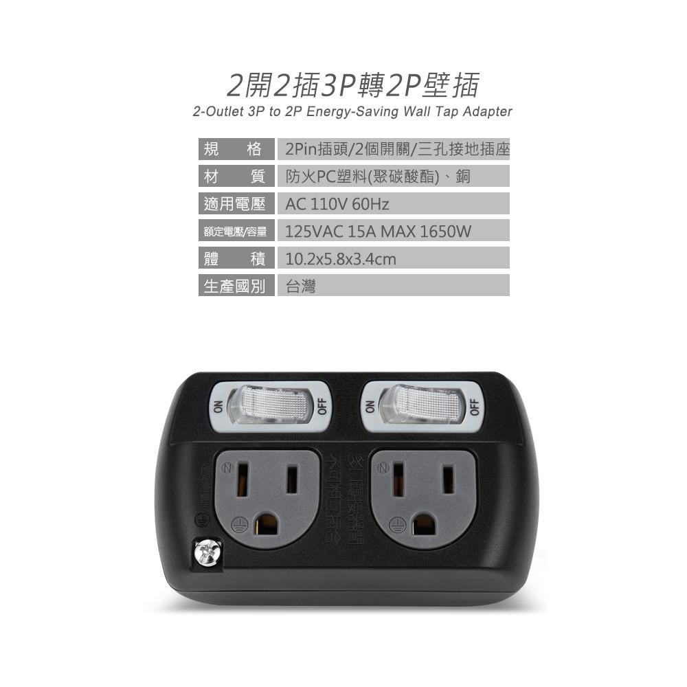 PowerSync 群加 TC2300／TC2390 2開2插3P轉2P壁插 台灣製造 壁插 擴充插座 3轉2 光華-細節圖4