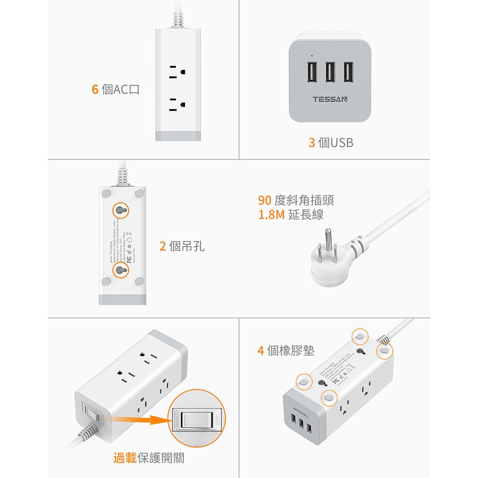 TESSAN TS-CUBE08 1開6插3P 3孔 USB 方塊延長線 1.8米 USB 延長線 光華-細節圖8