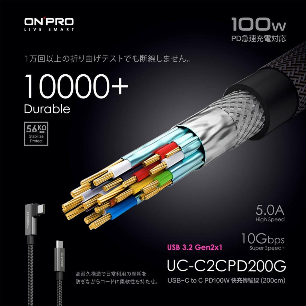 【現貨熱銷】ONPRO UC-C2CPD200G 雙Type-C 彎頭 PD100W 快充充電線 充電傳輸線 2M-細節圖5