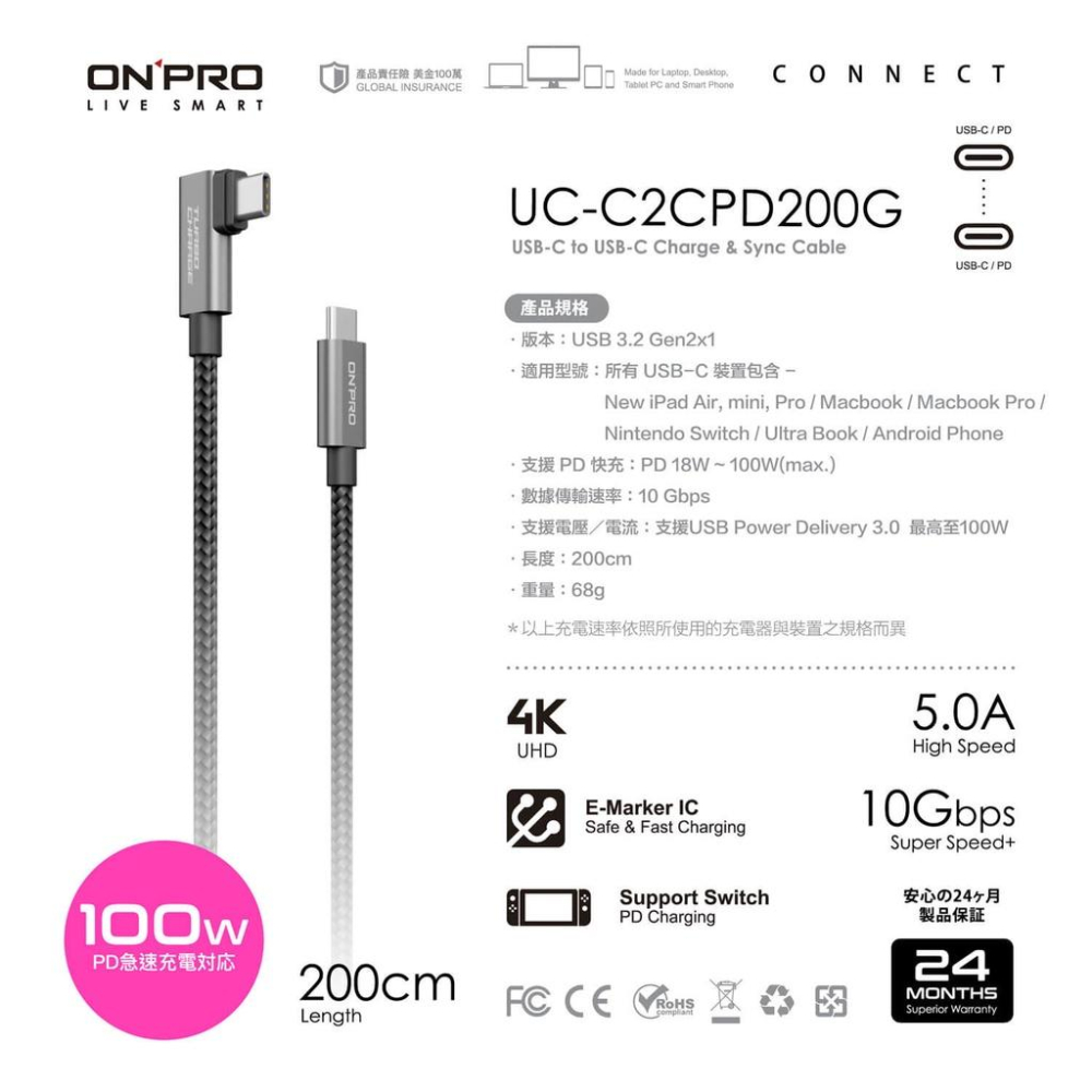 【現貨熱銷】ONPRO UC-C2CPD200G 雙Type-C 彎頭 PD100W 快充充電線 充電傳輸線 2M-細節圖6