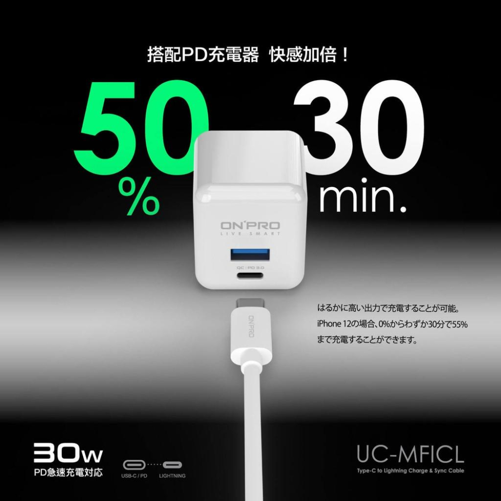 ONPRO UC-MFICL Type-C to Lightning PD30W 傳輸線 120cm 200cm 充電線-細節圖5