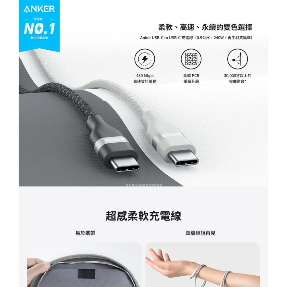 Anker A82E2－240W USB-C 超軟充電傳輸線 0.9m／1.8m 充電線 傳輸線 Type-C 光華-細節圖3