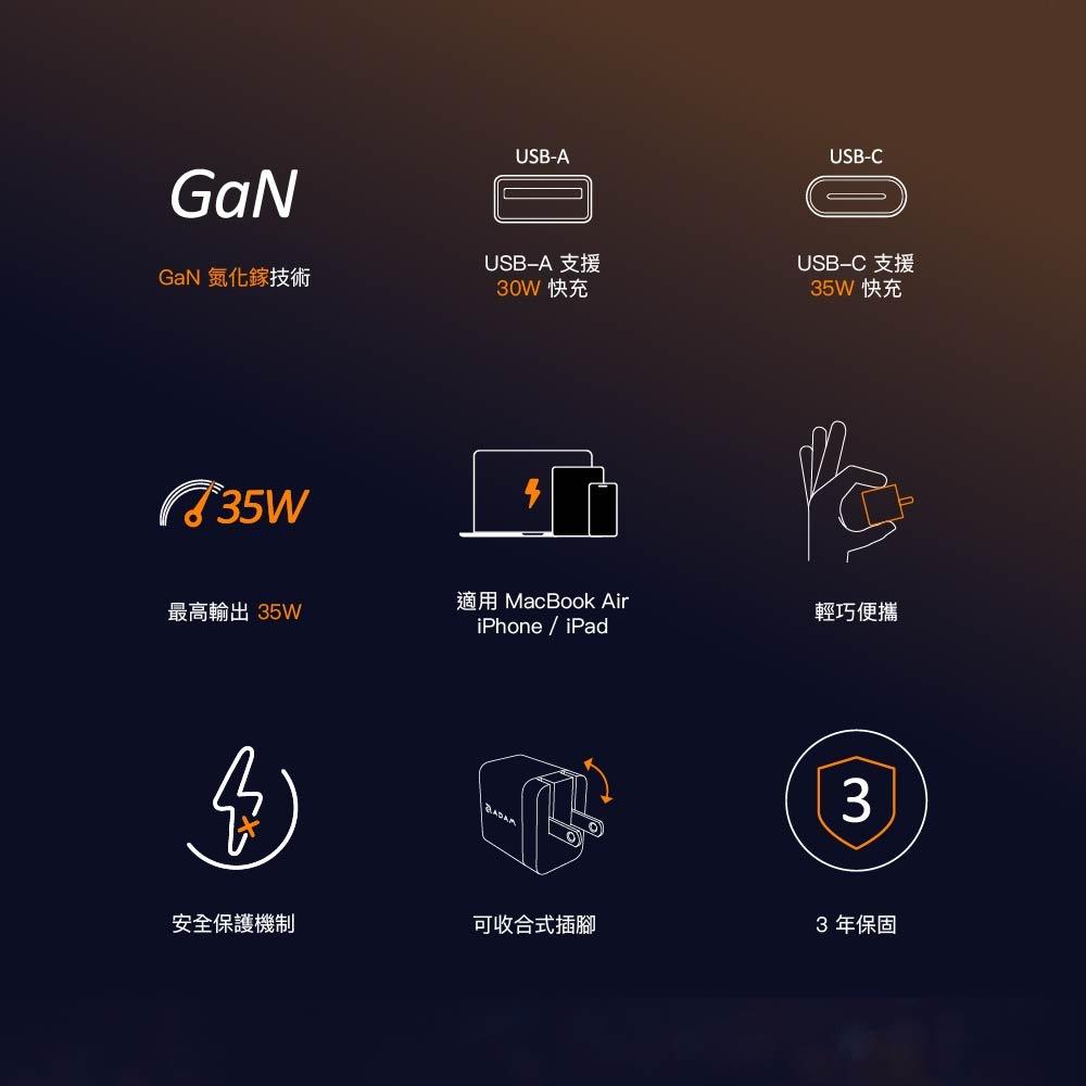 ADAM 亞果元素 OMNIA X35A GaN 35W 雙孔迷你快速電源供應器 快充頭 豆腐頭 充電器 光華商場-細節圖3