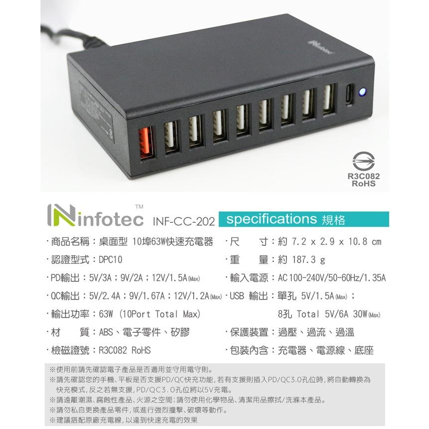 Infotec 英富達 桌面型 PD/QC 10埠63W快速充電器 INF-CC-202 充電器 充電頭 光華商場-細節圖6