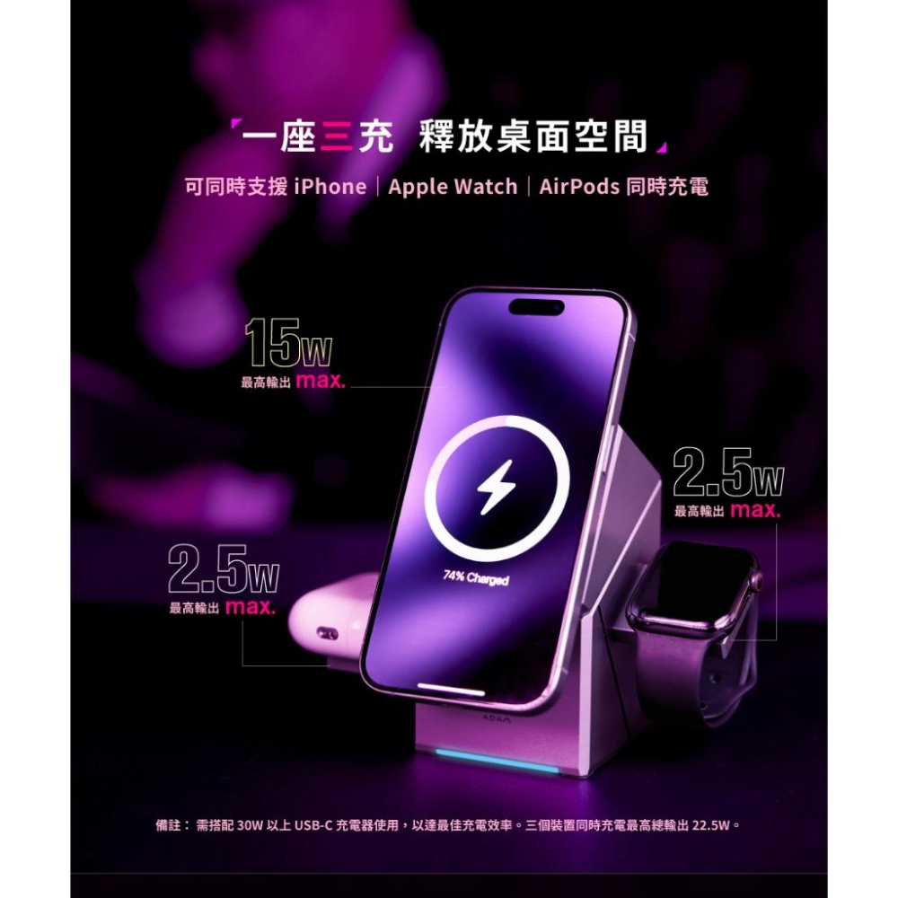 ADAM 亞果元素 Mag Qube－Qi2 立方體 智慧型三合一 旅行磁吸無線充電座 充電座 充電器 無線充電座 光華-細節圖7