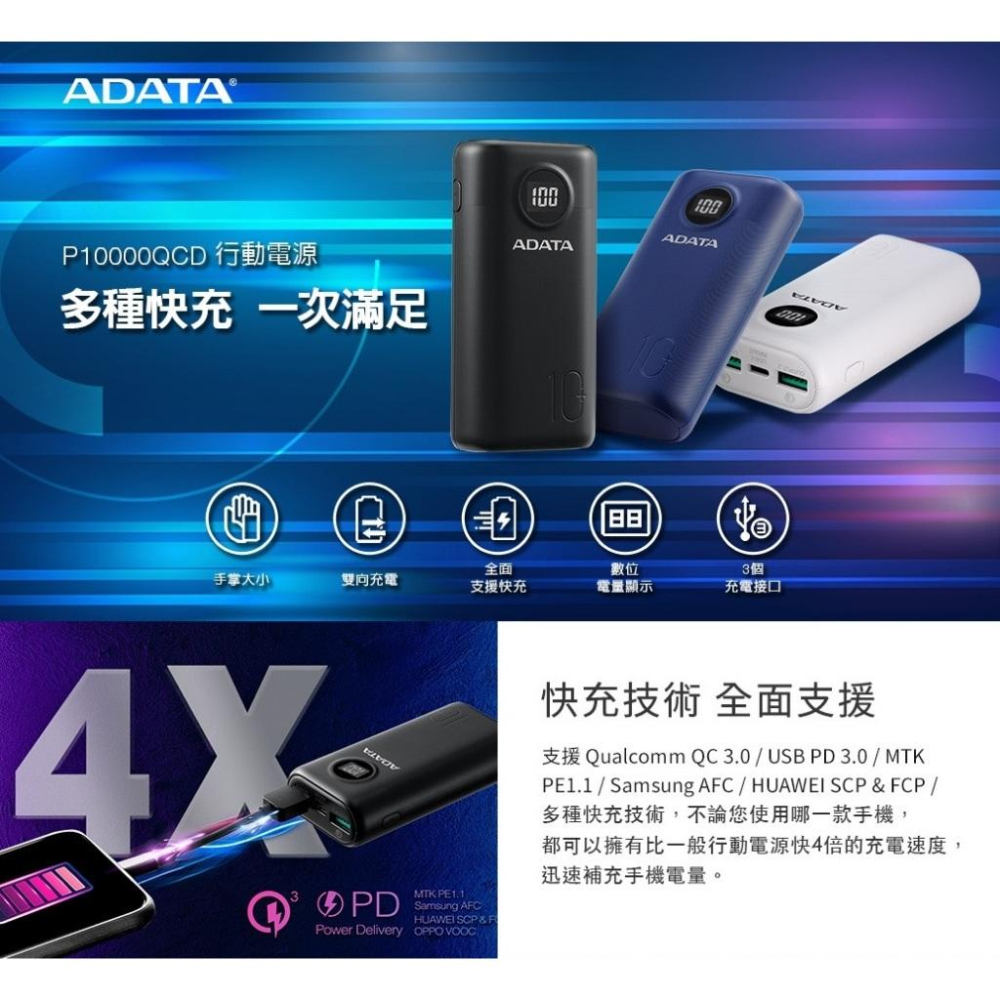 ADATA 威剛 P10000QCD 10000mAh PD QC 極速快充行動電源 充電 P20000QCD 行充-細節圖3