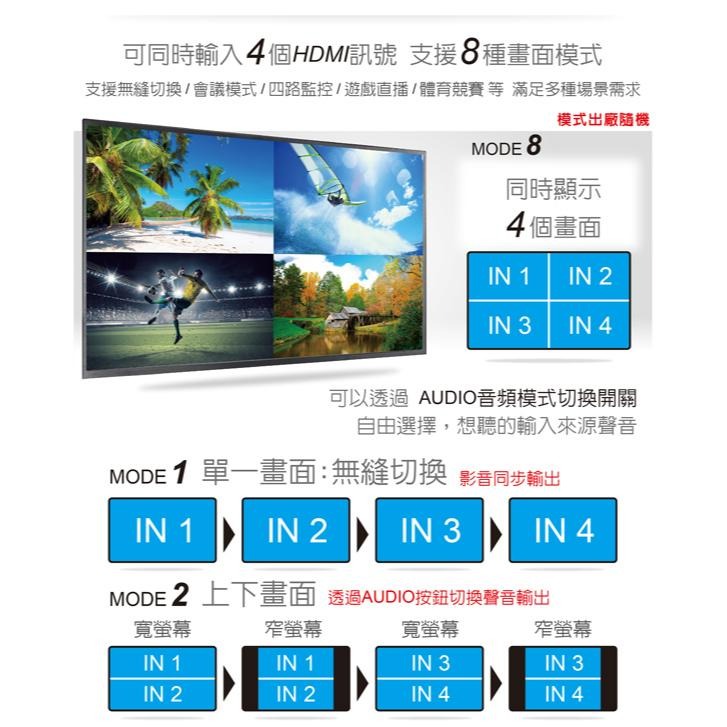 DigiFusion 伽利略 HDS401B HDMI 4K@30Hz 4進1出影音分割器 影音分配器 分配器 光華商場-細節圖5
