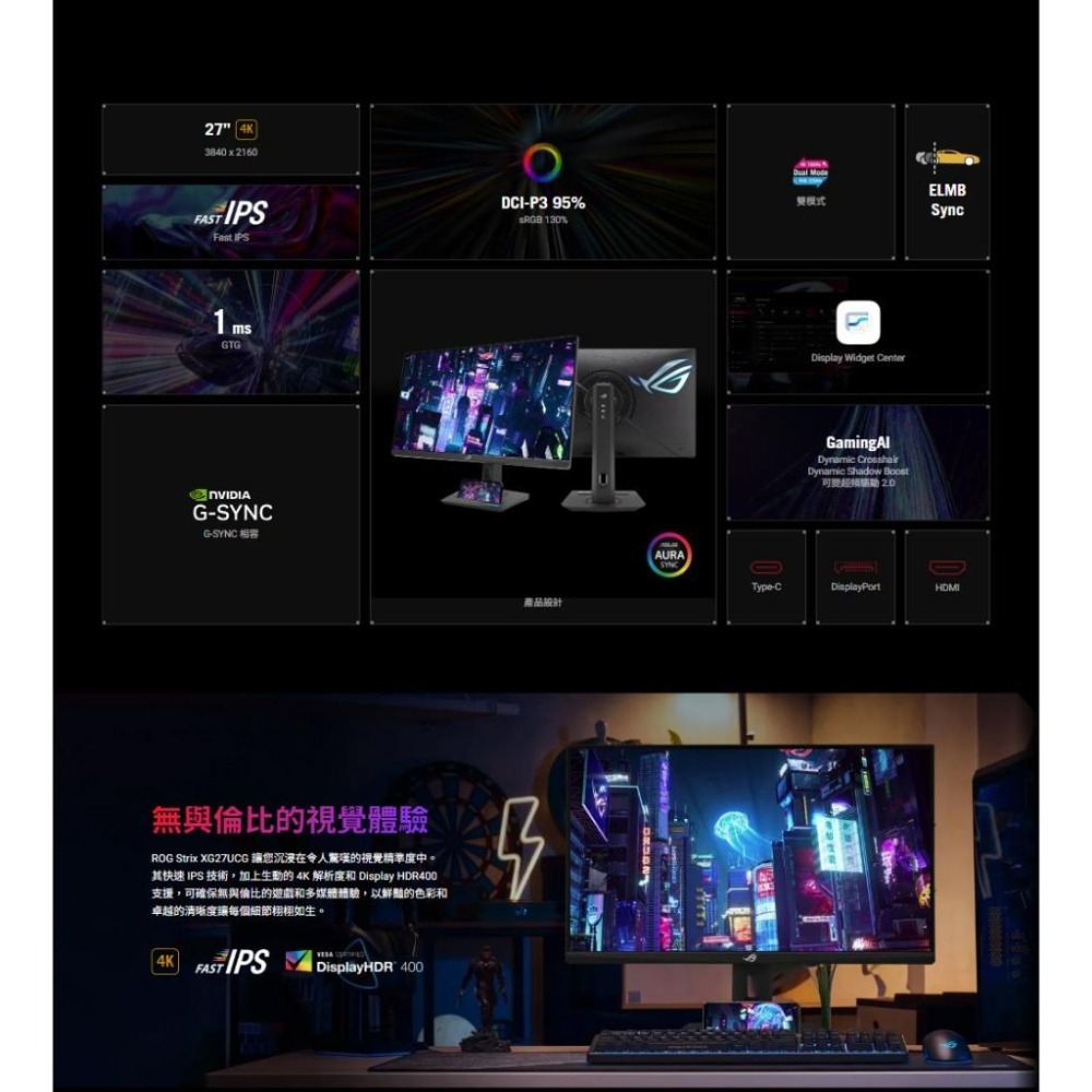 ASUS 華碩 ROG Strix XG27UCG 27吋 4K 電競螢幕 160Hz／IPS／HDR10／FHD模式-細節圖4
